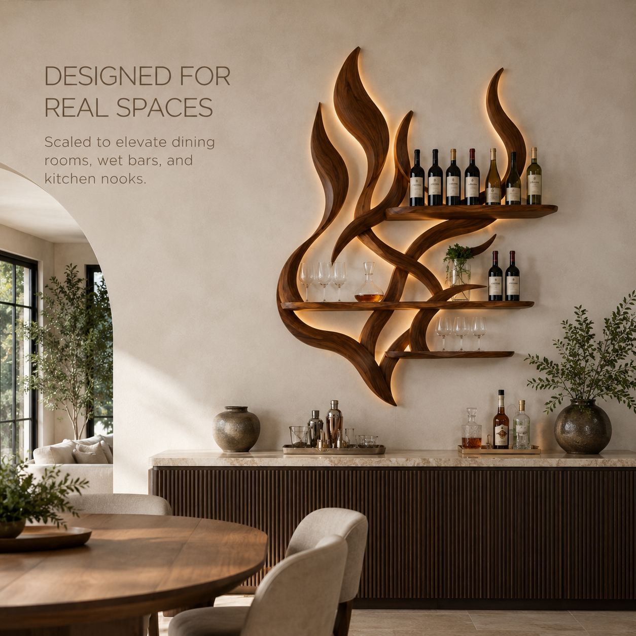 Solid Wood Wall Wine Rack with Glass Holder - Ribbed Wave - product image 04