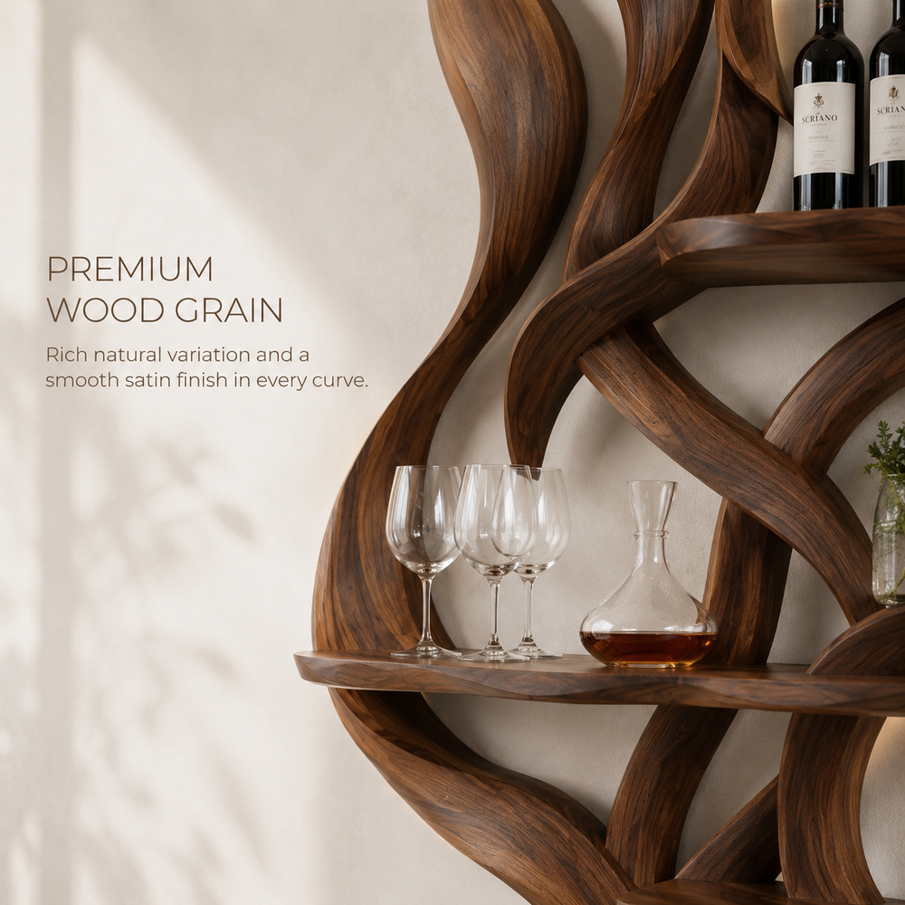Solid Wood Wall Wine Rack with Glass Holder - Ribbed Wave - product image 05