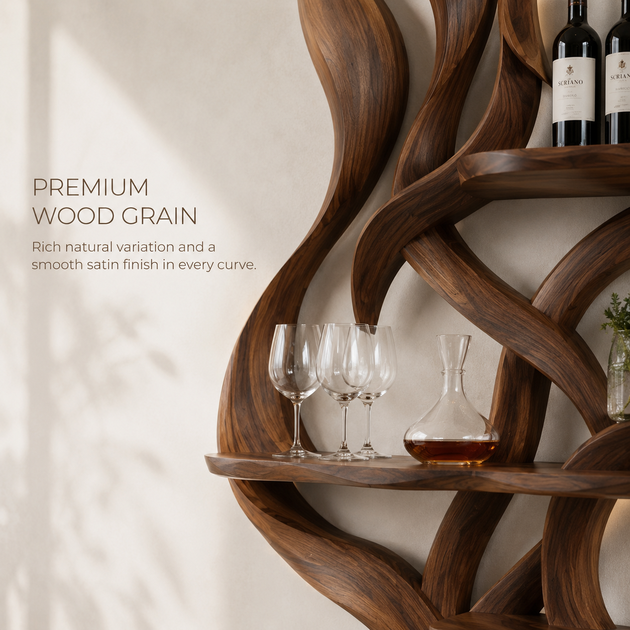 Solid Wood Wall Wine Rack with Glass Holder - Ribbed Wave - product image 05