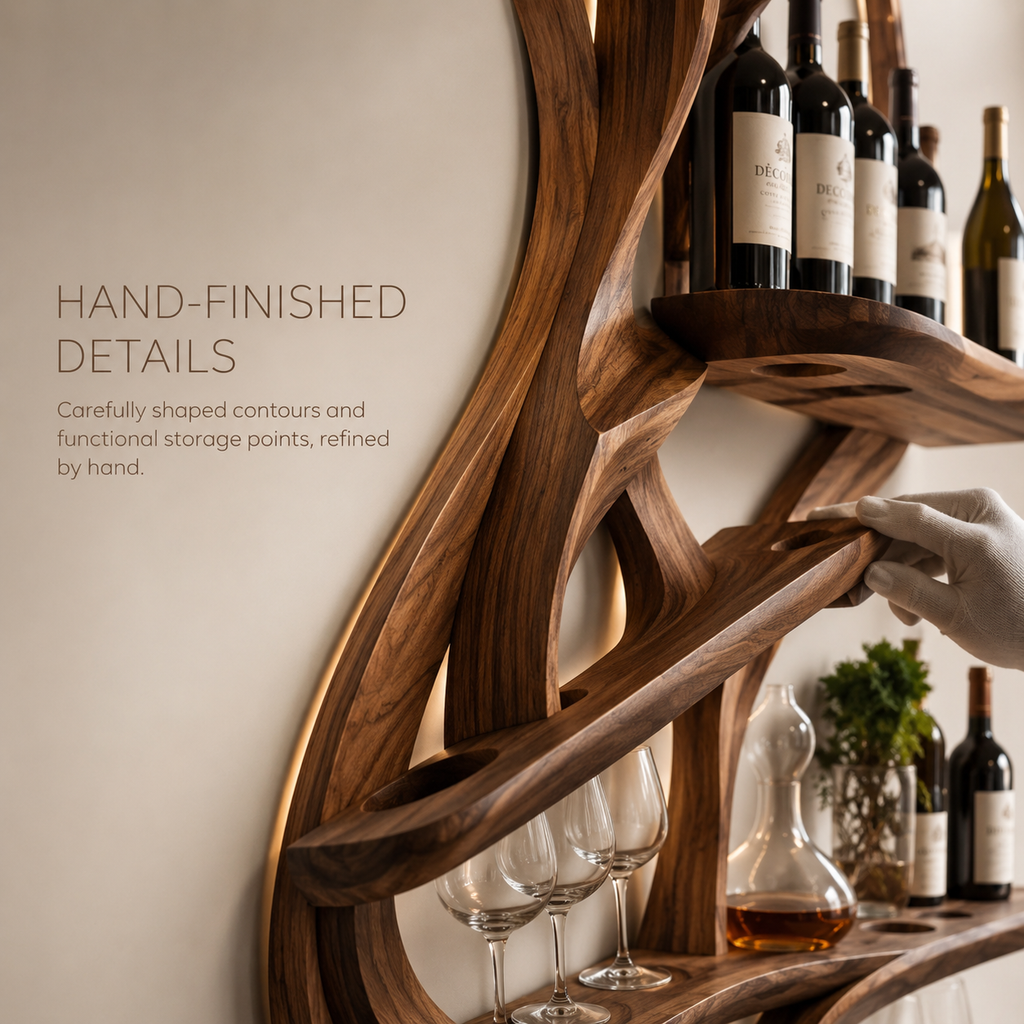 Solid Wood Wall Wine Rack with Glass Holder - Ribbed Wave - product image 06