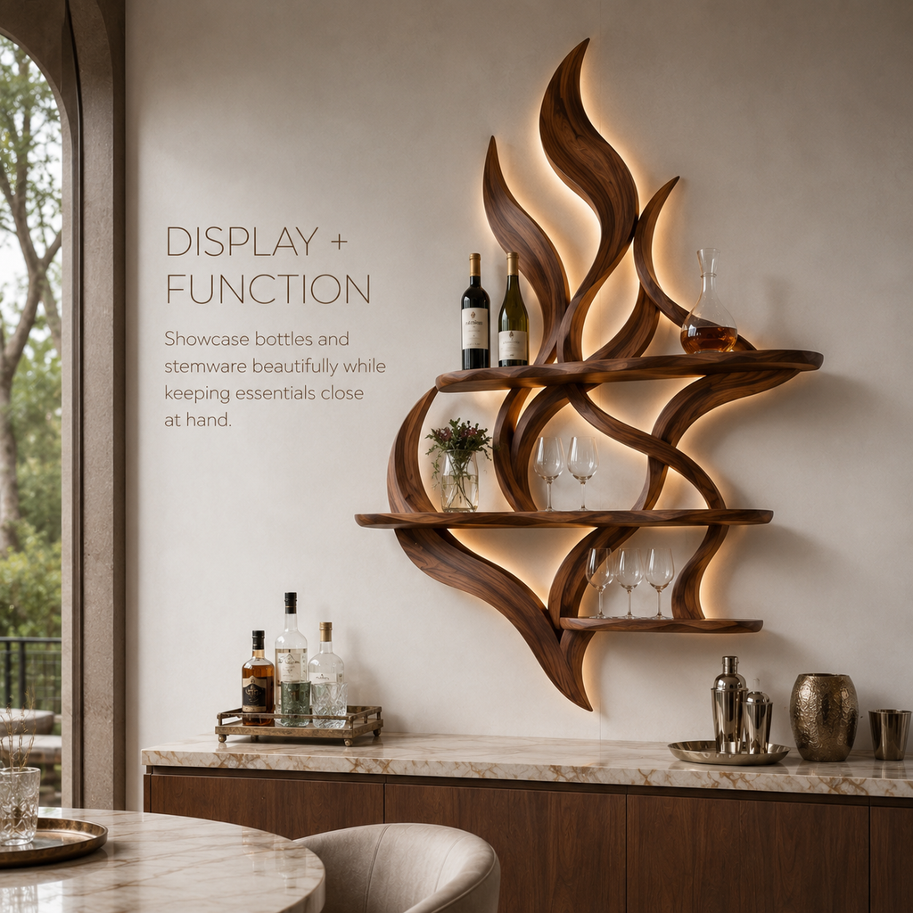 Solid Wood Wall Wine Rack with Glass Holder - Ribbed Wave - product image 07