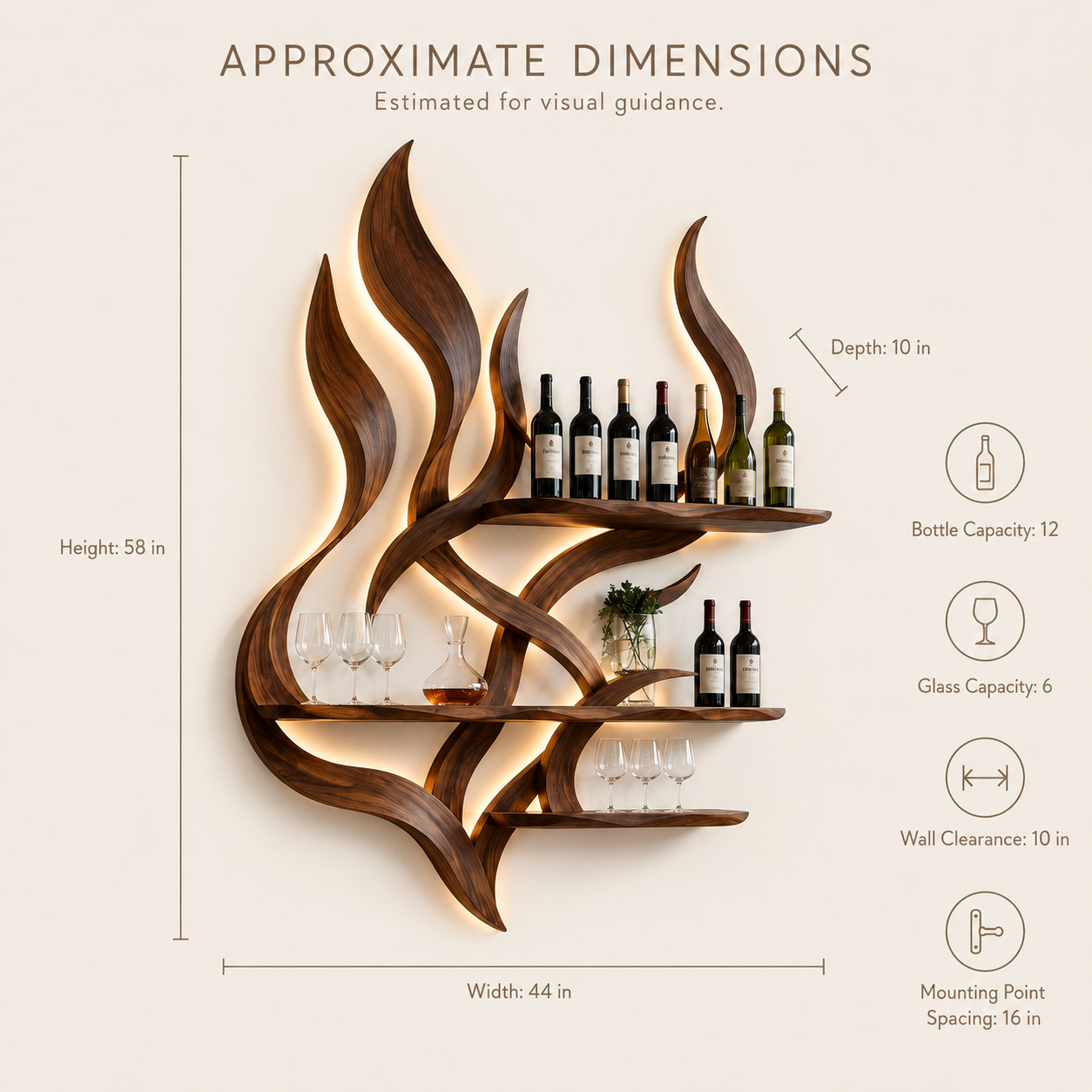 Solid Wood Wall Wine Rack with Glass Holder - Ribbed Wave - product image 08