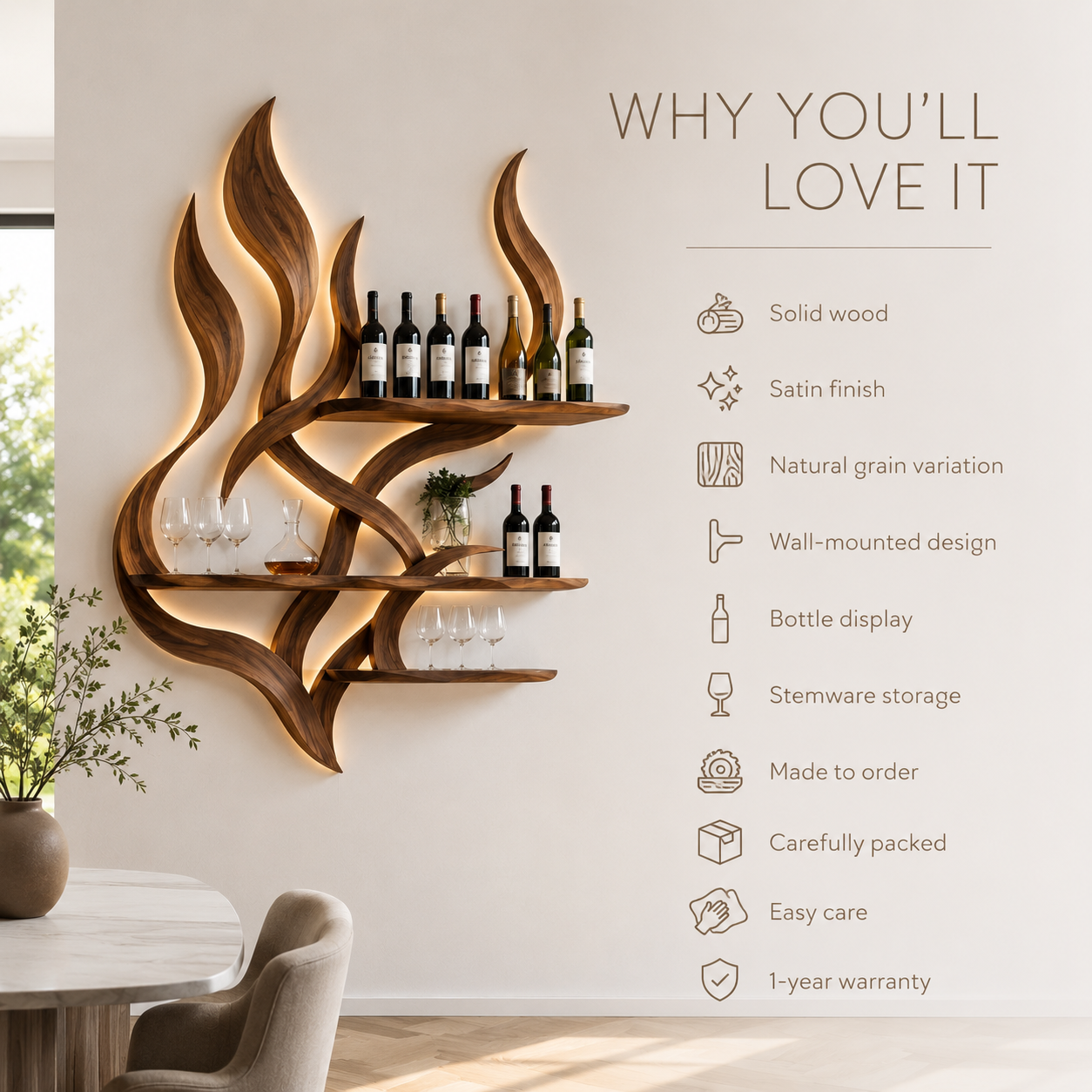 Solid Wood Wall Wine Rack with Glass Holder - Ribbed Wave - product image 09