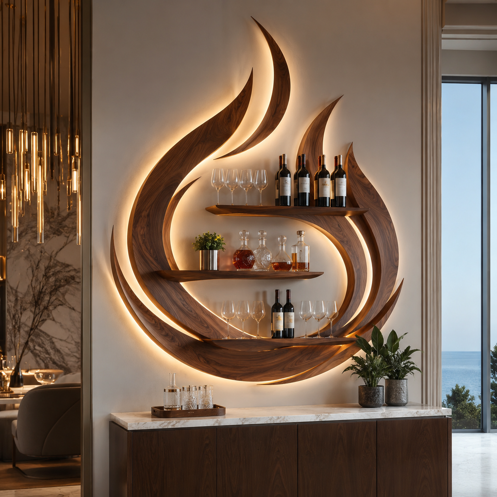 Solid Wood Wall Wine Rack with Glass Holder - Wave - main view