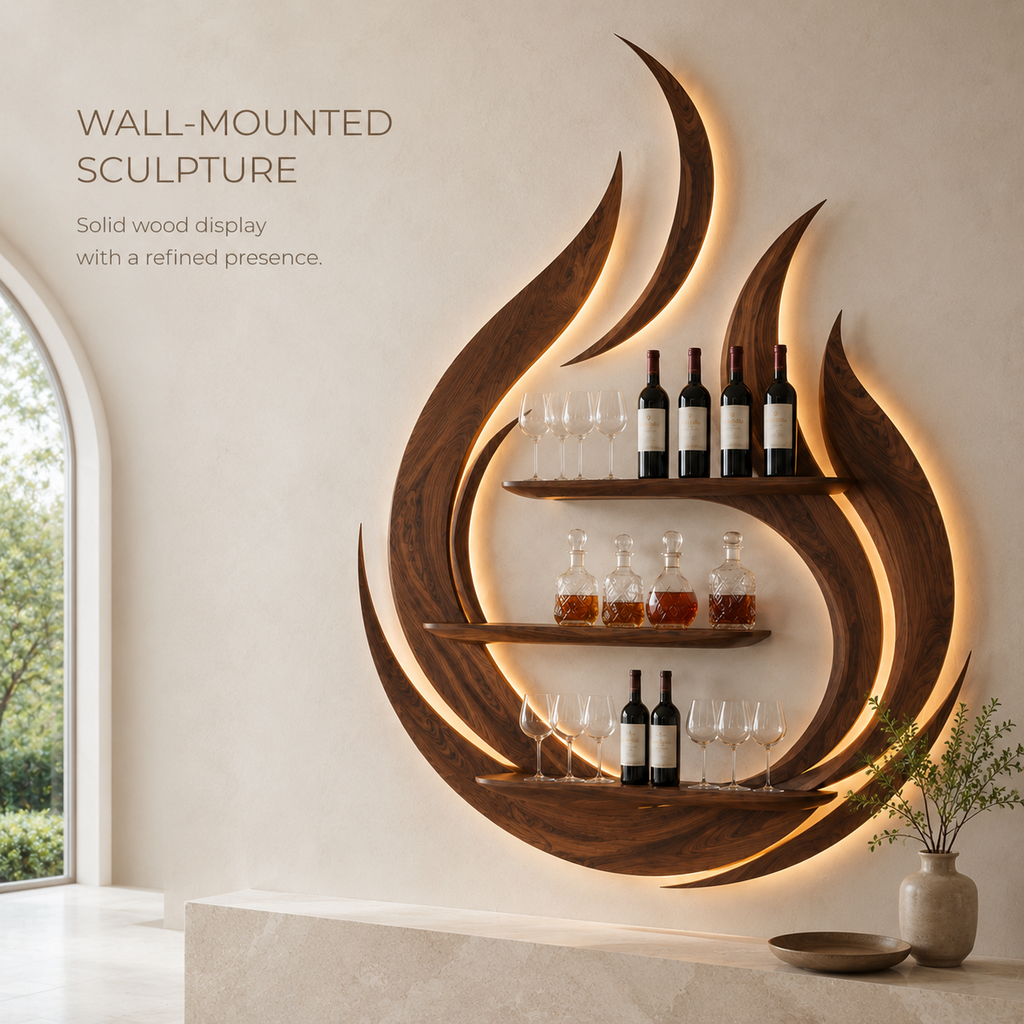 Solid Wood Wall Wine Rack with Glass Holder - Wave - product image 03