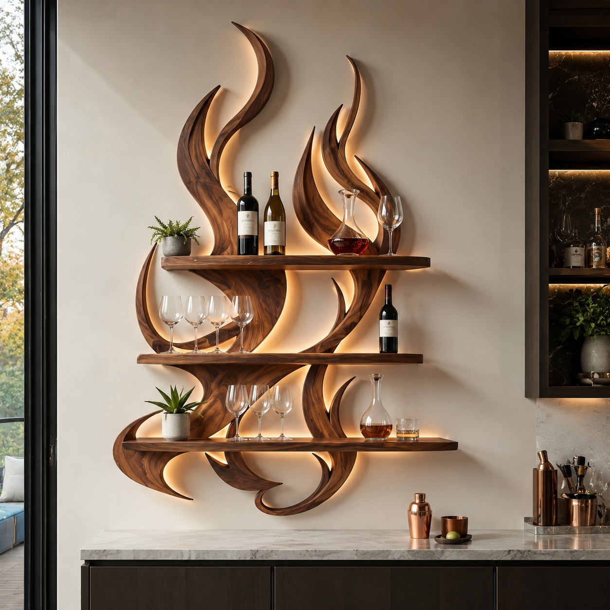 Solid Wood Wall Wine Rack with Glass Holder - Branch Form - main view