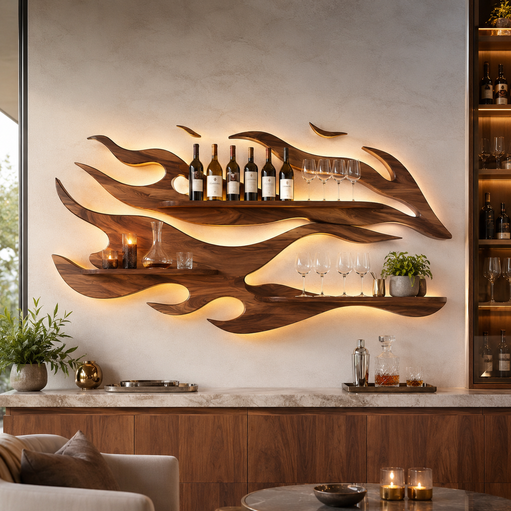Solid Wood Wall Wine Rack with Glass Holder - Arched - main view