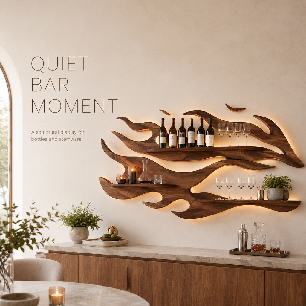 Solid Wood Wall Wine Rack with Glass Holder - Arched - product image 02