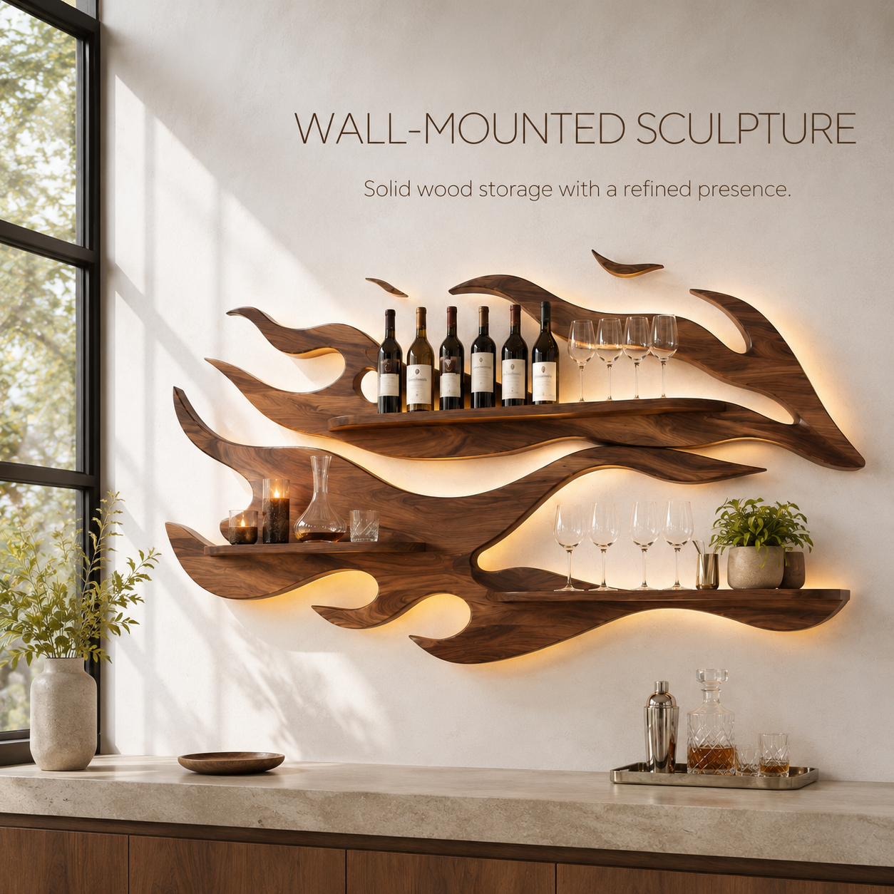 Solid Wood Wall Wine Rack with Glass Holder - Arched - product image 03