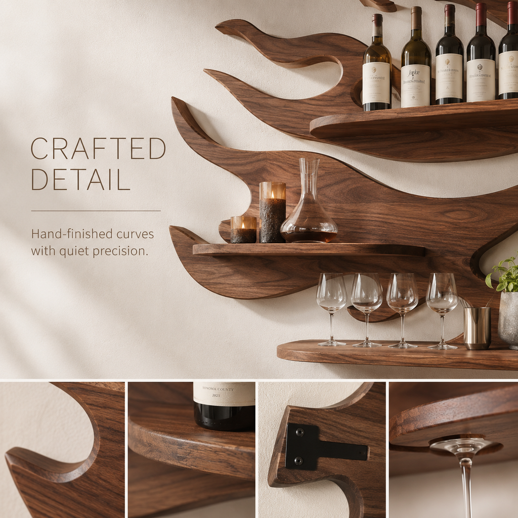 Solid Wood Wall Wine Rack with Glass Holder - Arched - product image 06