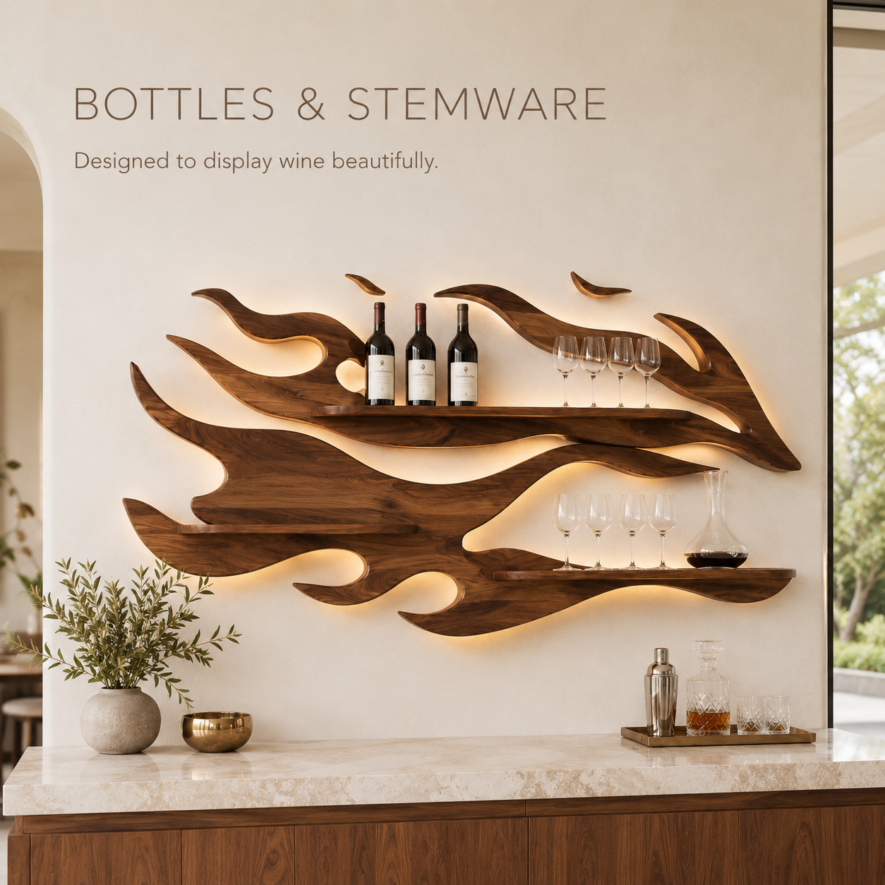 Solid Wood Wall Wine Rack with Glass Holder - Arched - product image 07