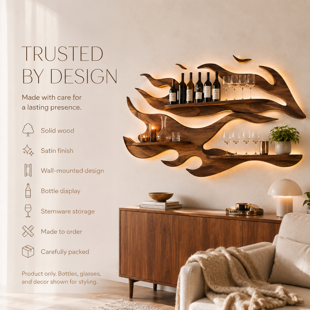 Solid Wood Wall Wine Rack with Glass Holder - Arched - product image 09