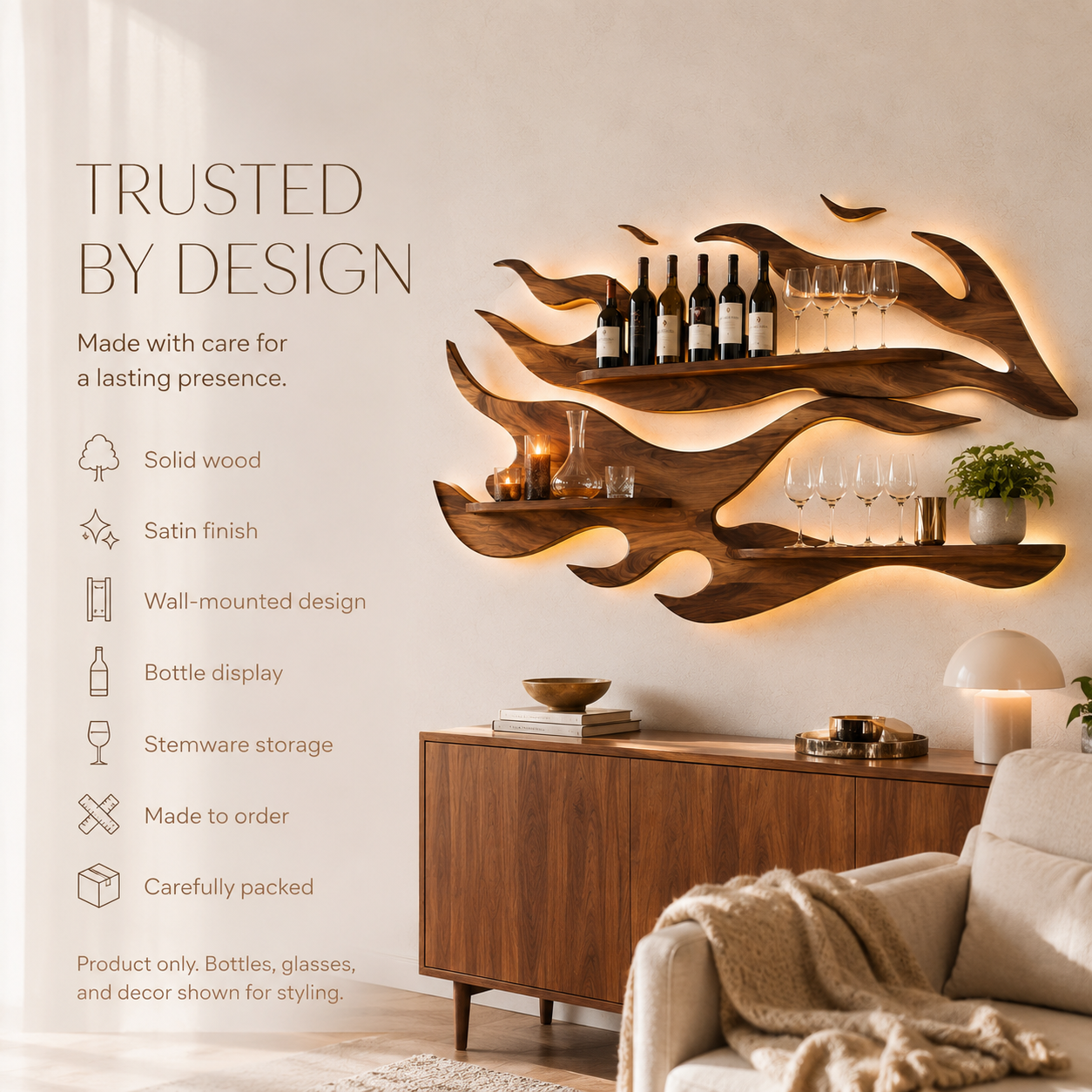 Solid Wood Wall Wine Rack with Glass Holder - Arched - product image 09