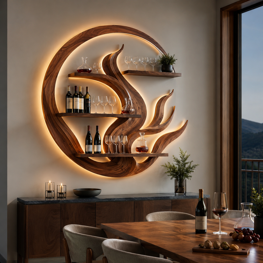 Solid Wood Wall Wine Rack with Glass Holder - Crescent - main view