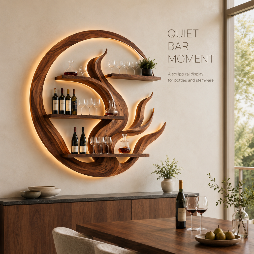 Solid Wood Wall Wine Rack with Glass Holder - Crescent - product image 02