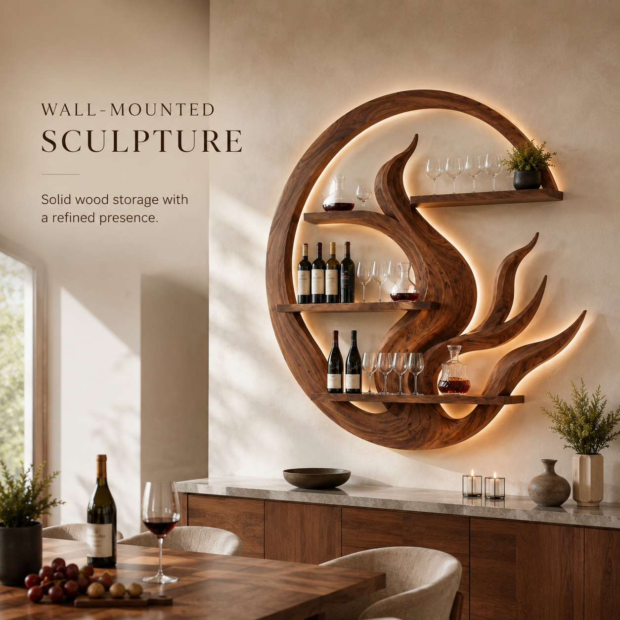 Solid Wood Wall Wine Rack with Glass Holder - Crescent - product image 03