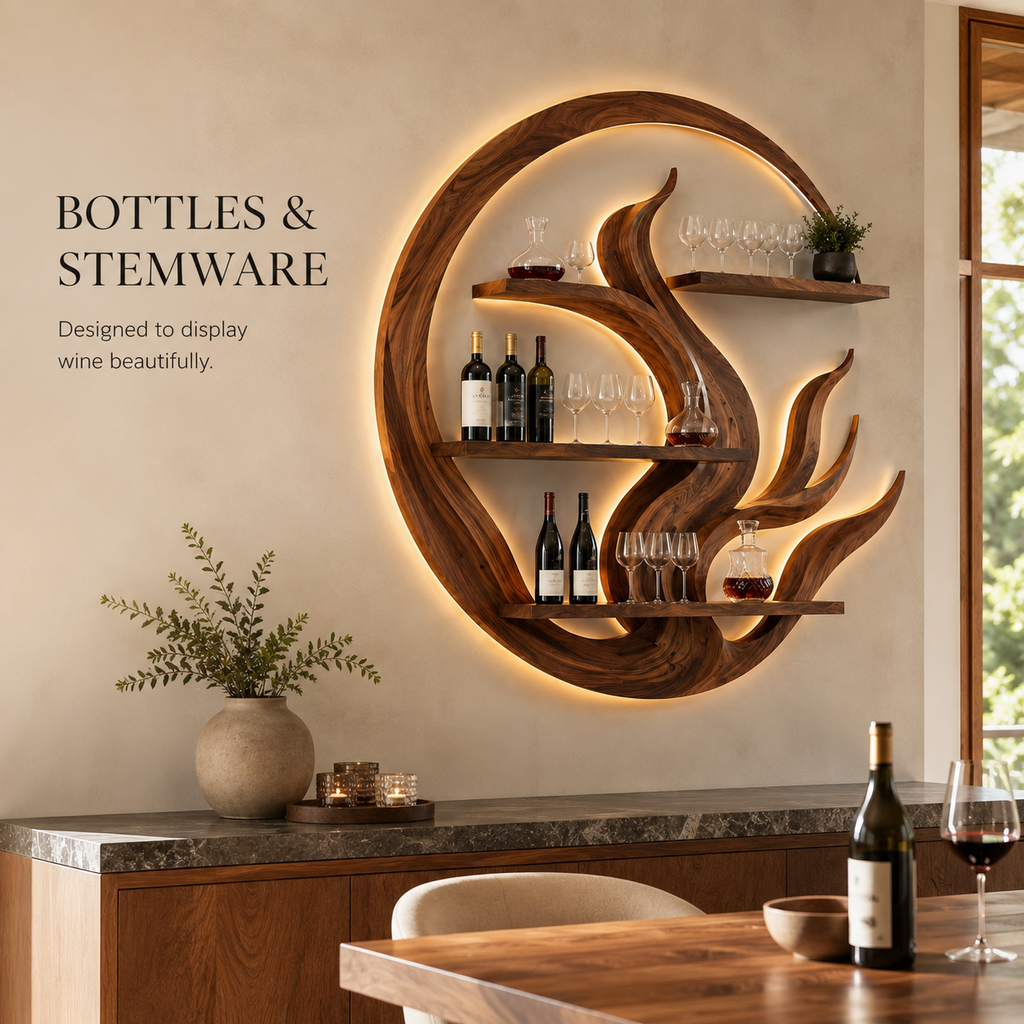 Solid Wood Wall Wine Rack with Glass Holder - Crescent - product image 07