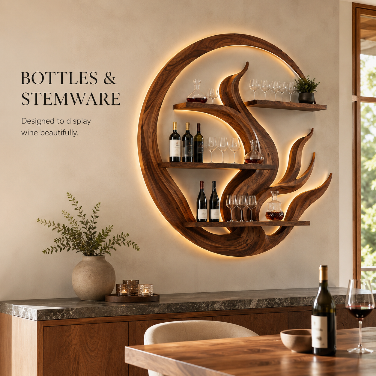 Solid Wood Wall Wine Rack with Glass Holder - Crescent - product image 07
