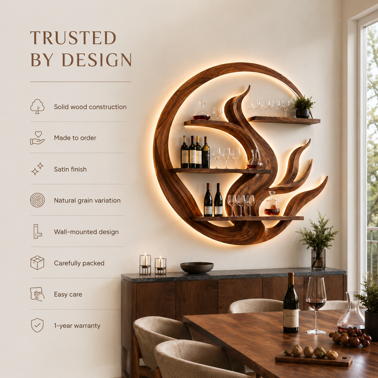 Solid Wood Wall Wine Rack with Glass Holder - Crescent - product image 09