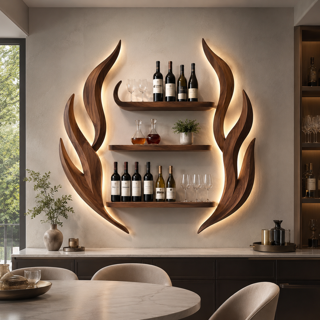 Solid Wood Wall Wine Rack with Glass Holder - Gallery Rail - main view