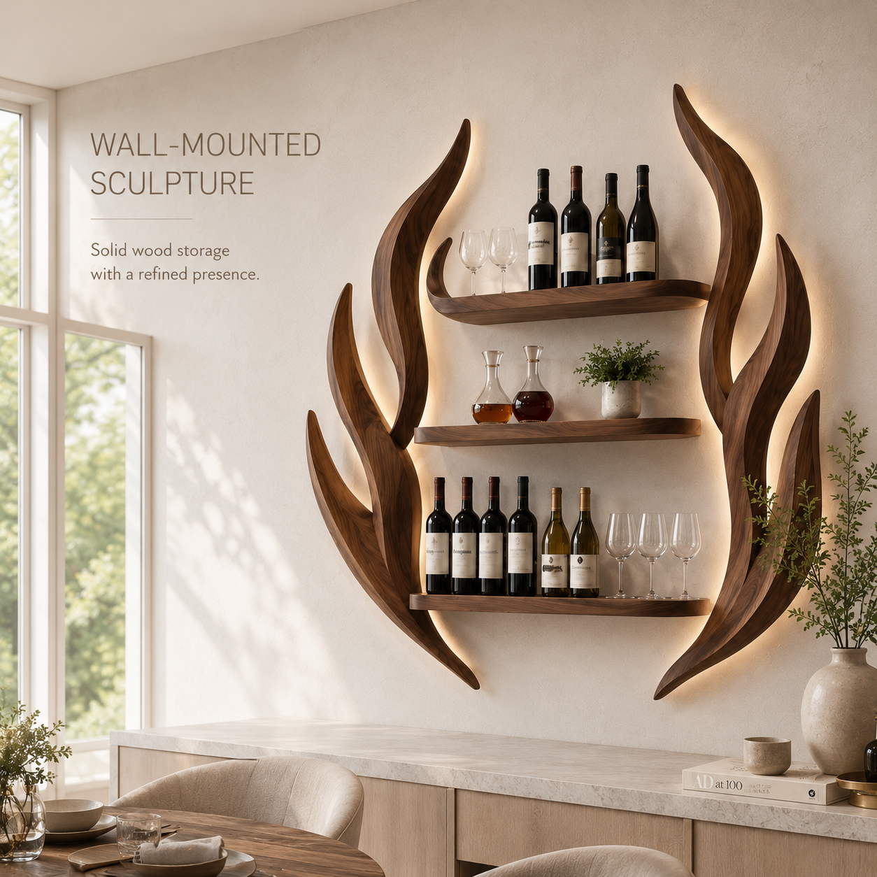 Solid Wood Wall Wine Rack with Glass Holder - Gallery Rail - product image 03