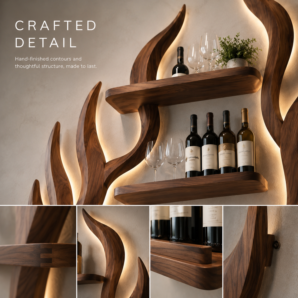 Solid Wood Wall Wine Rack with Glass Holder - Gallery Rail - product image 06