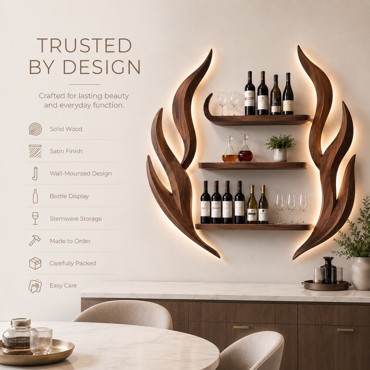 Solid Wood Wall Wine Rack with Glass Holder - Gallery Rail - product image 09