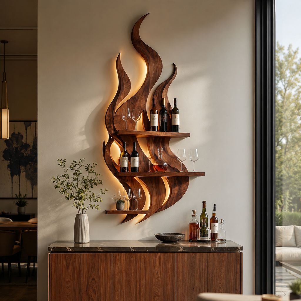 Solid Wood Wall Wine Rack with Glass Holder - Live Edge - main view