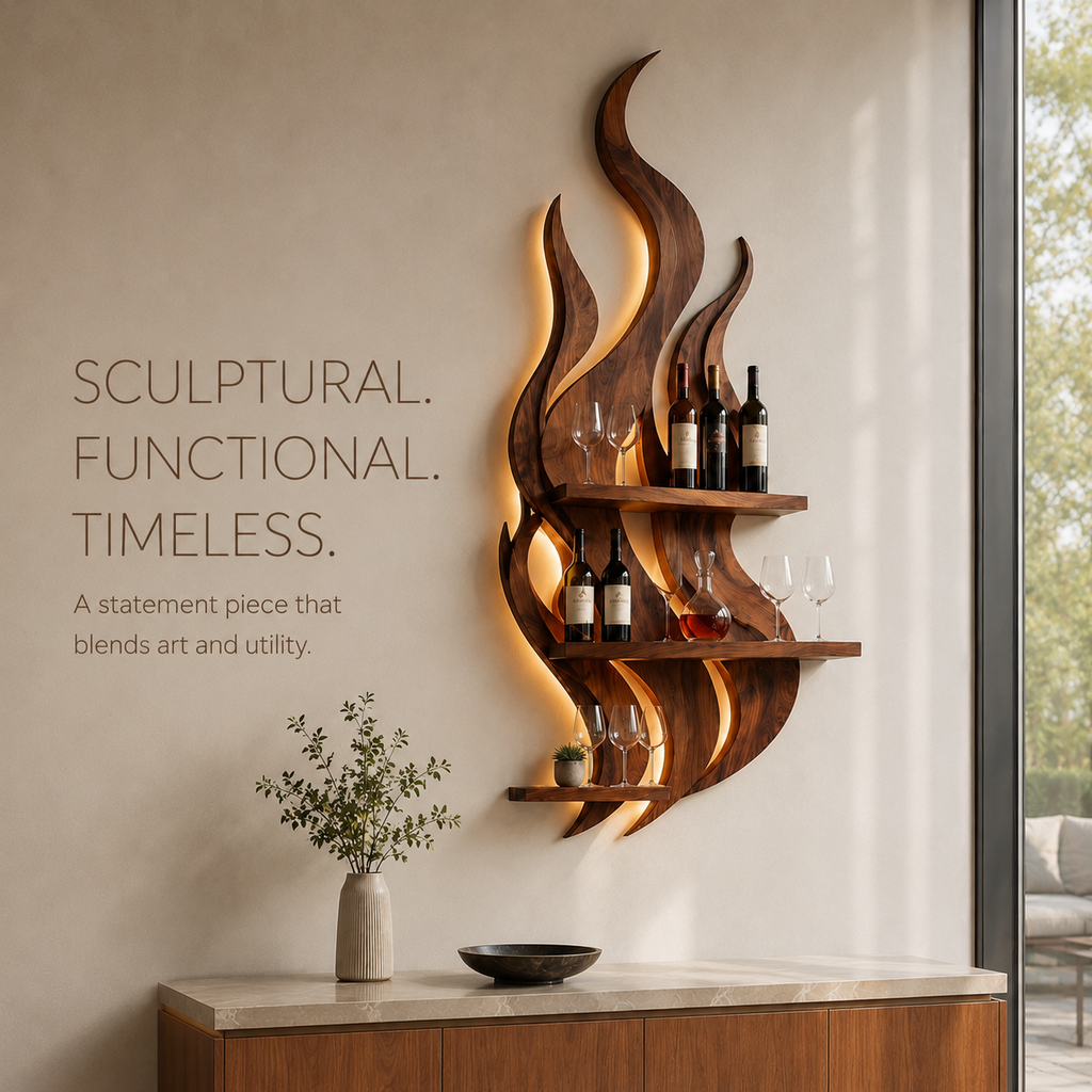 Solid Wood Wall Wine Rack with Glass Holder - Live Edge - product image 03