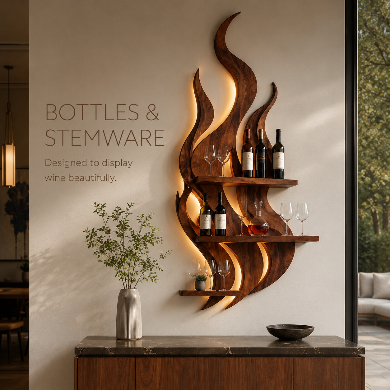 Solid Wood Wall Wine Rack with Glass Holder - Live Edge - product image 07