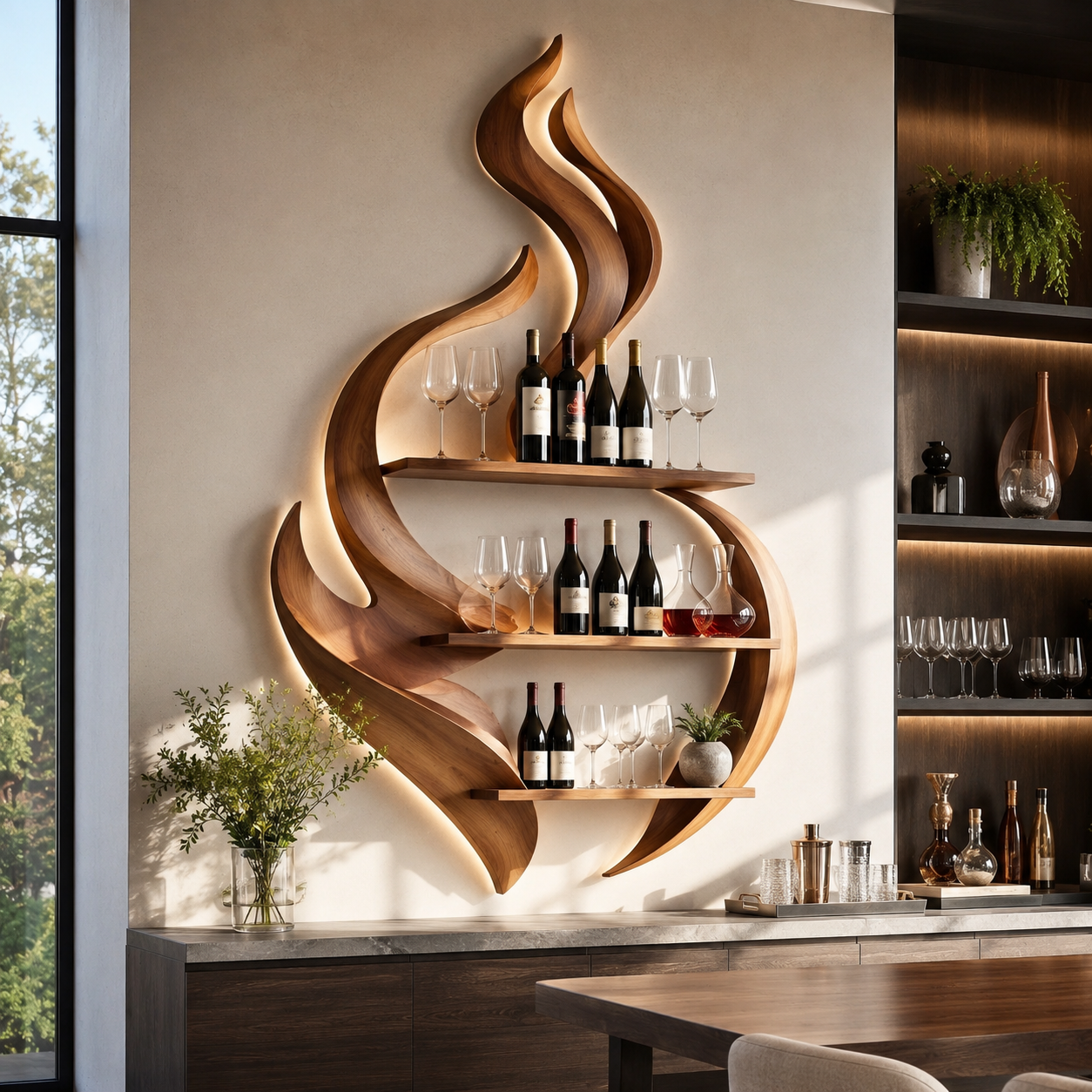 Solid Wood Wall Wine Rack with Glass Holder - Ribbed Wave - main view