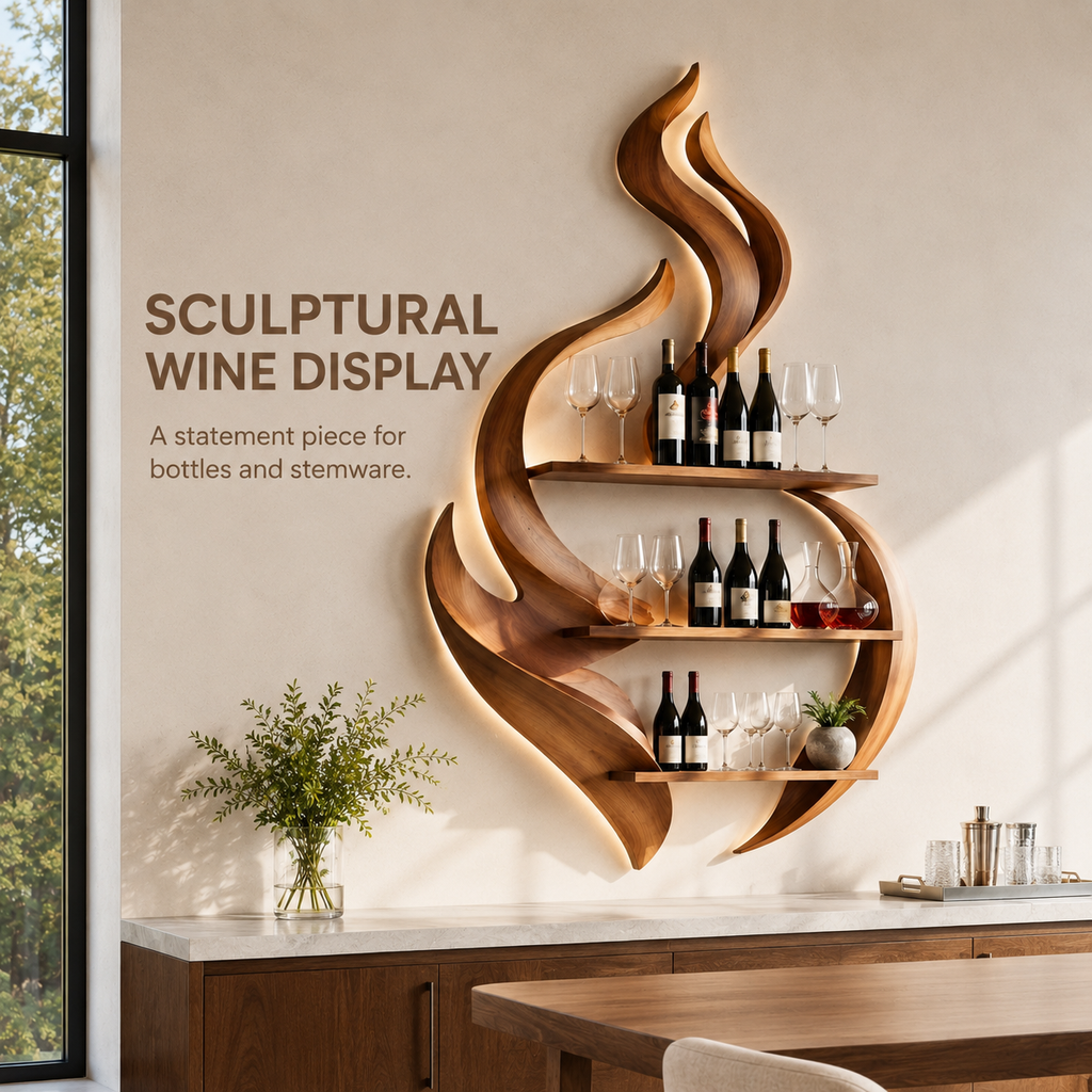 Solid Wood Wall Wine Rack with Glass Holder - Ribbed Wave - product image 02