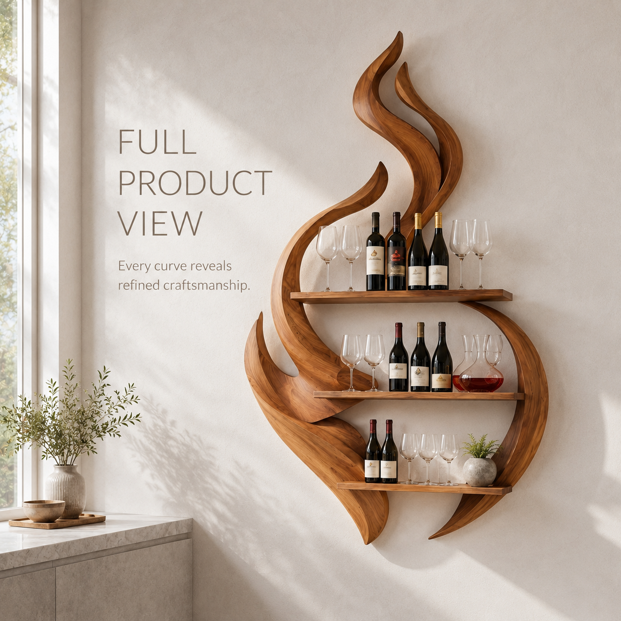 Solid Wood Wall Wine Rack with Glass Holder - Ribbed Wave - product image 03