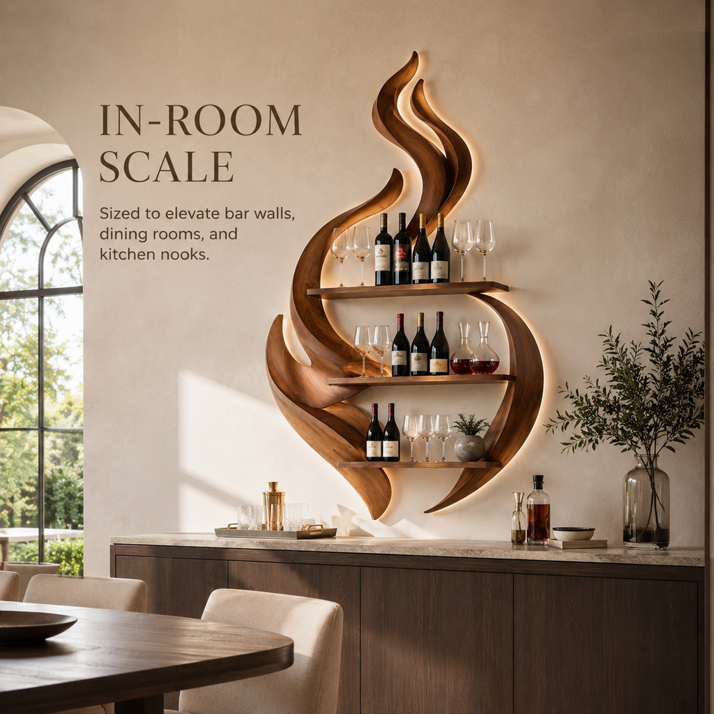 Solid Wood Wall Wine Rack with Glass Holder - Ribbed Wave - product image 04