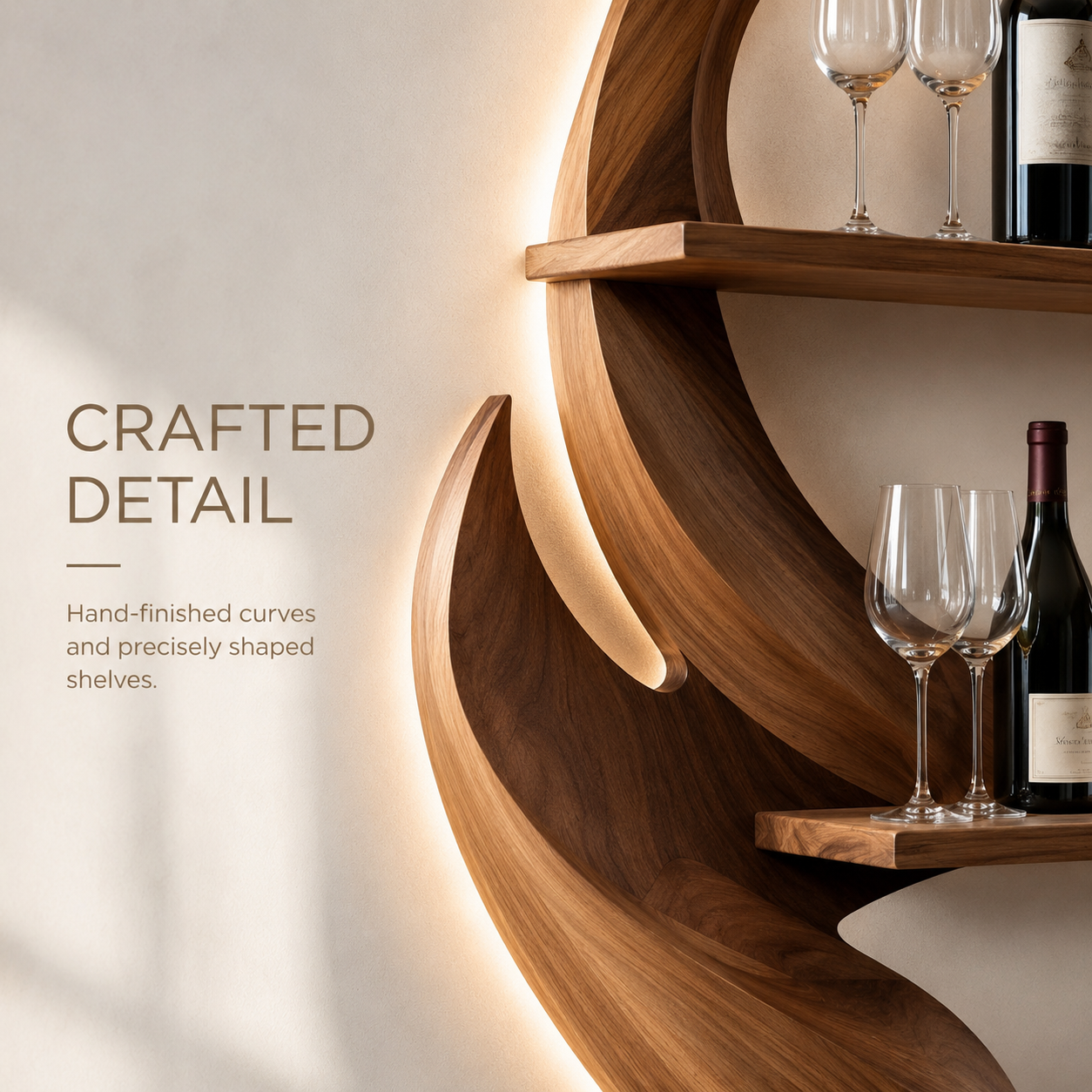 Solid Wood Wall Wine Rack with Glass Holder - Ribbed Wave - product image 06