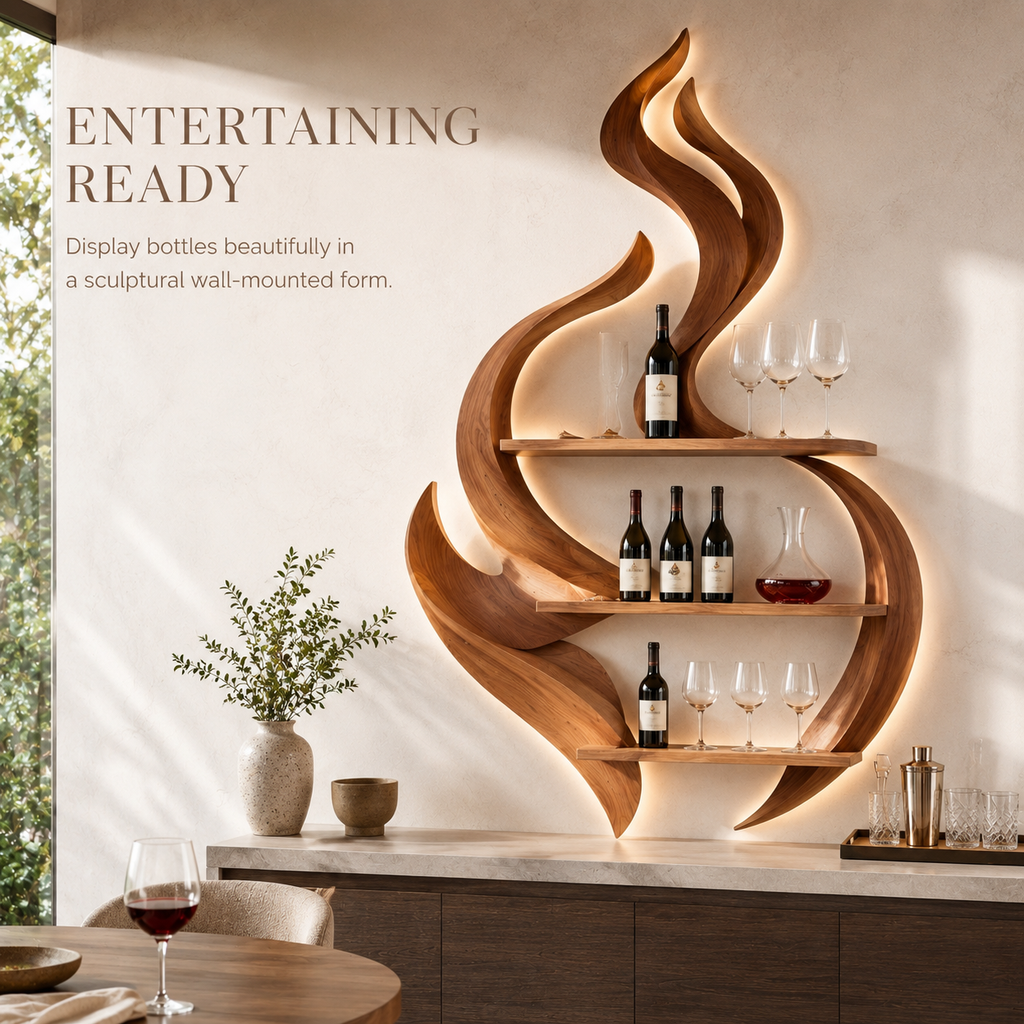 Solid Wood Wall Wine Rack with Glass Holder - Ribbed Wave - product image 07