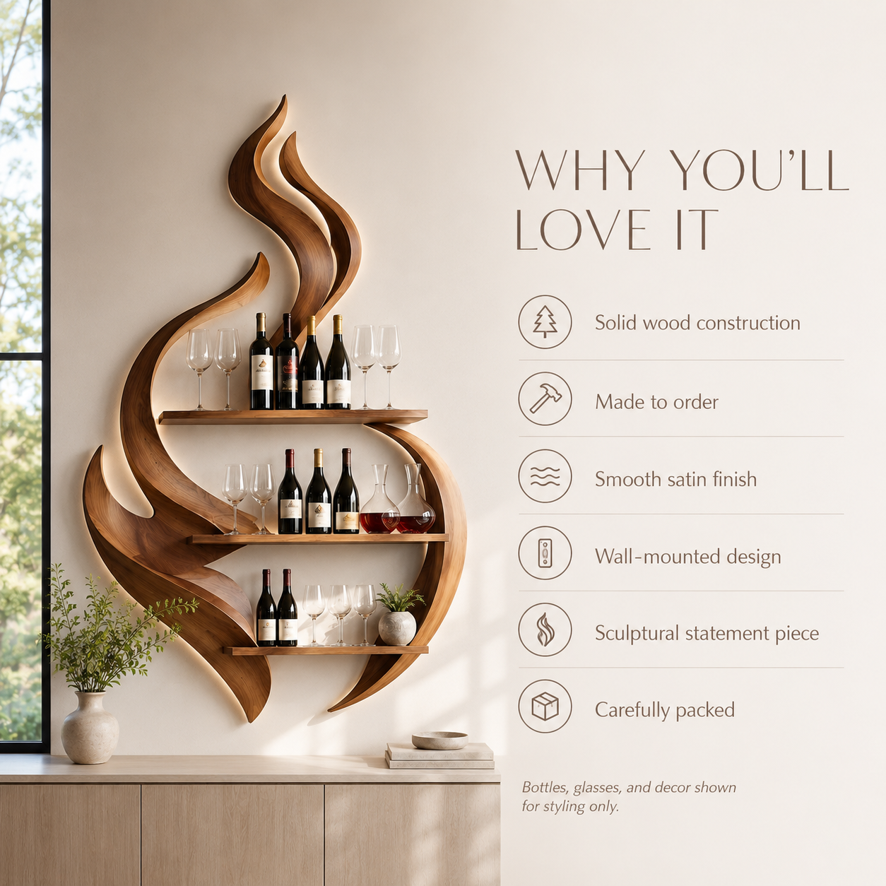 Solid Wood Wall Wine Rack with Glass Holder - Ribbed Wave - product image 09