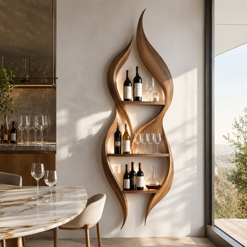Solid Wood Wall Wine Rack with Glass Holder - Wave - main view