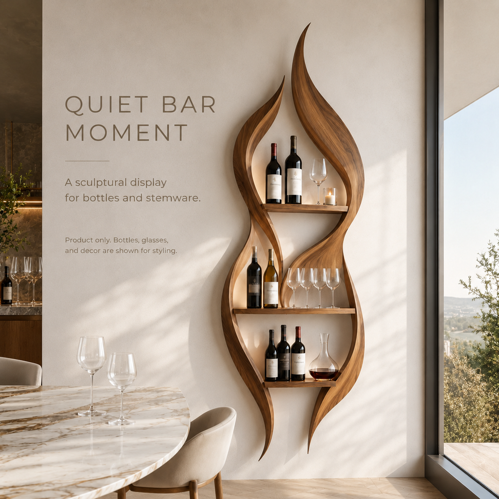 Solid Wood Wall Wine Rack with Glass Holder - Wave - product image 02