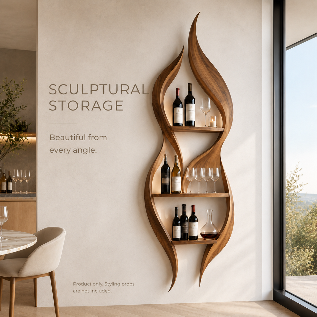 Solid Wood Wall Wine Rack with Glass Holder - Wave - product image 03