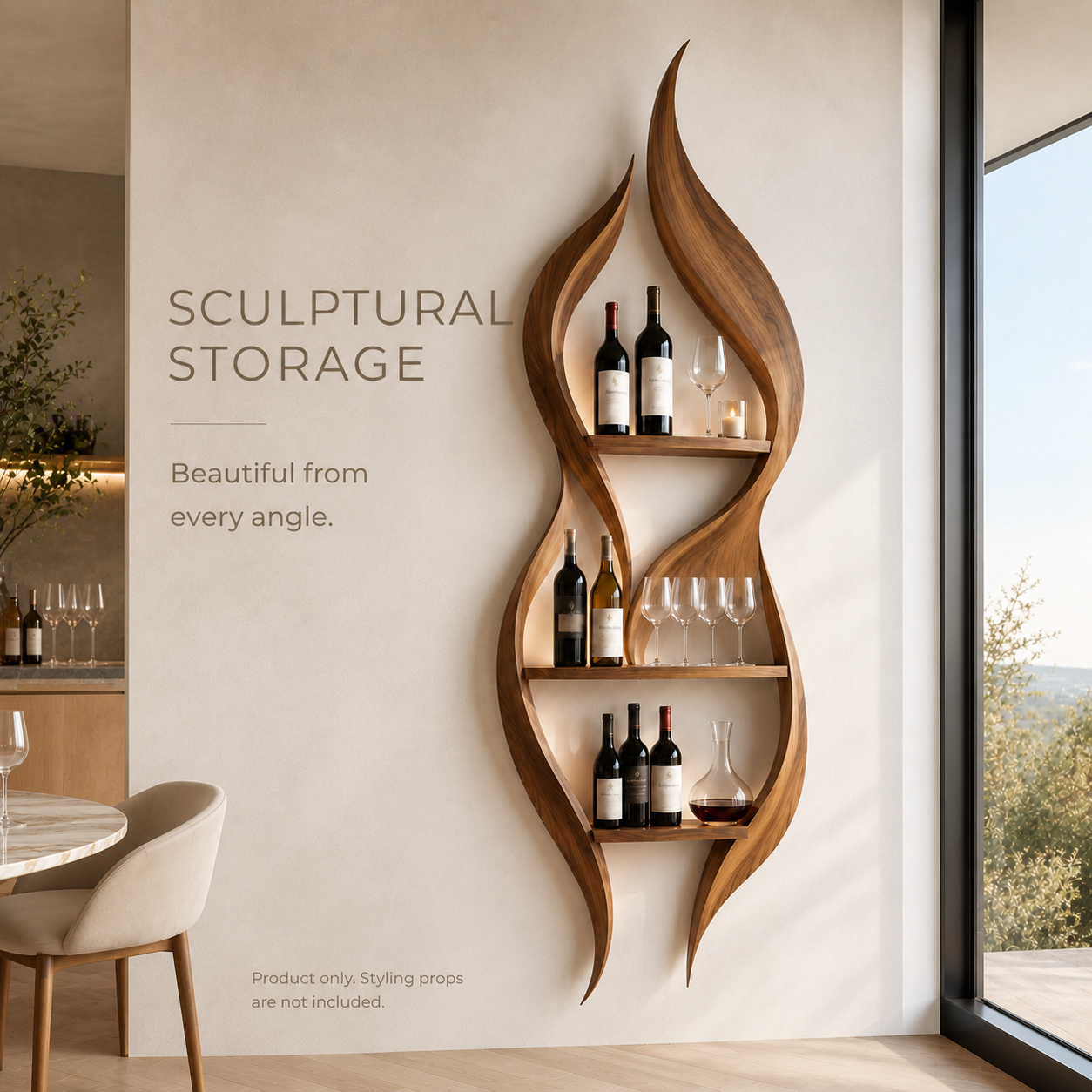 Solid Wood Wall Wine Rack with Glass Holder - Wave - product image 03