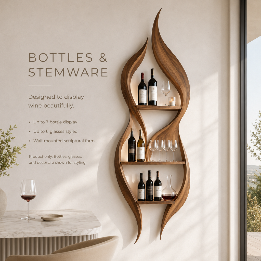 Solid Wood Wall Wine Rack with Glass Holder - Wave - product image 07