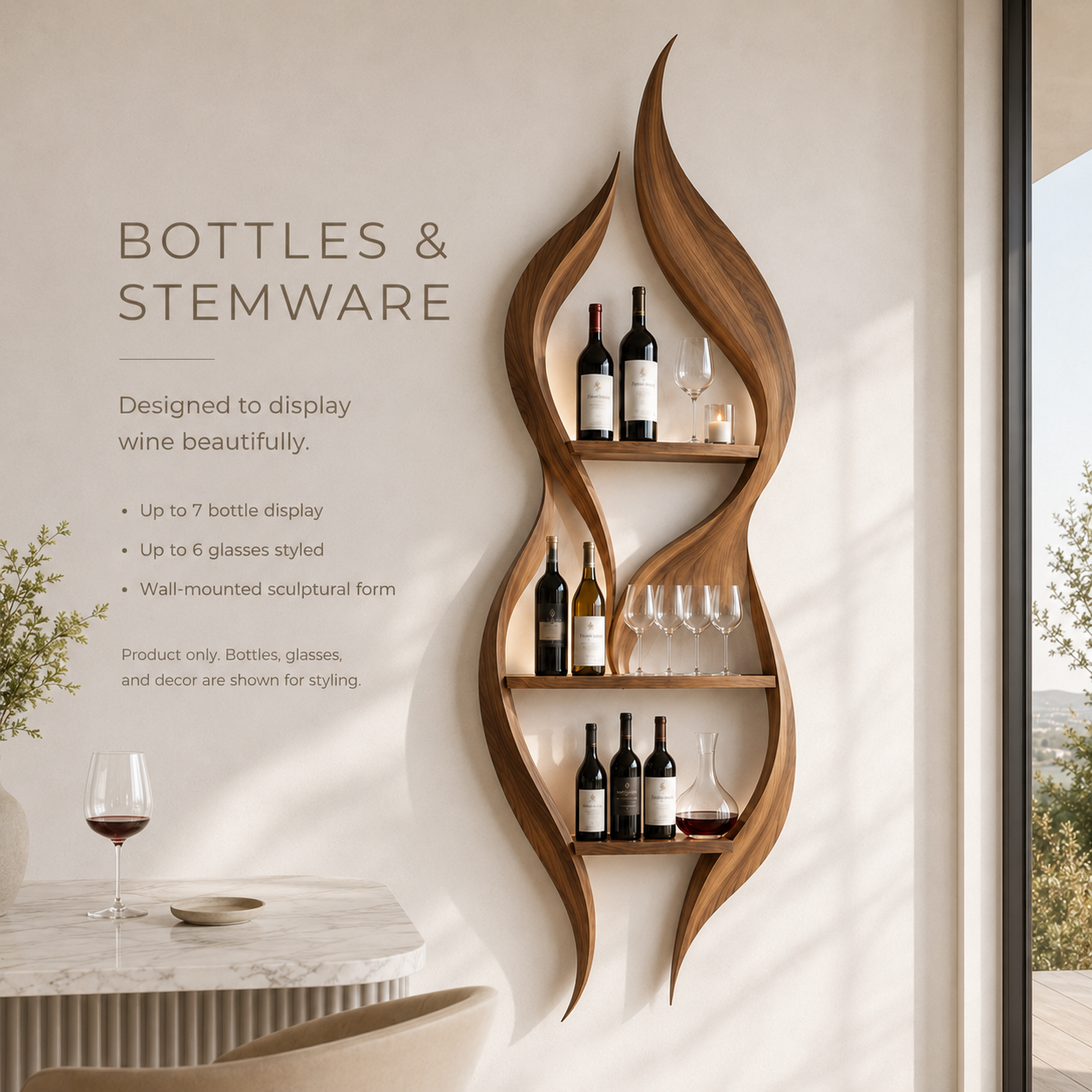 Solid Wood Wall Wine Rack with Glass Holder - Wave - product image 07