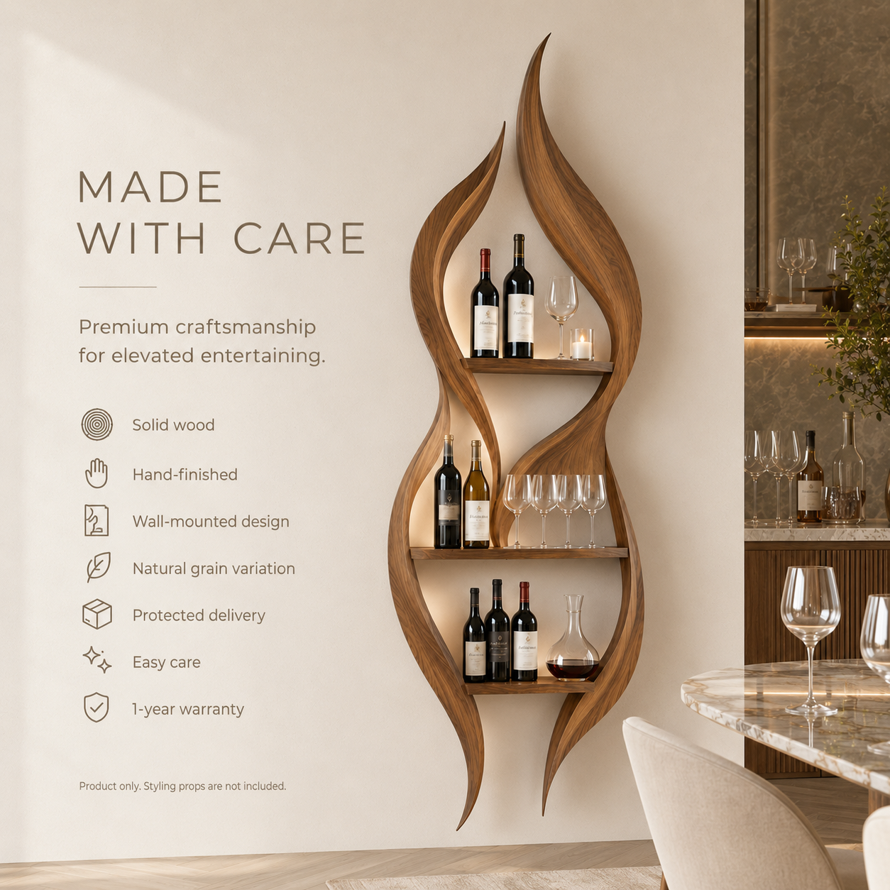Solid Wood Wall Wine Rack with Glass Holder - Wave - product image 09