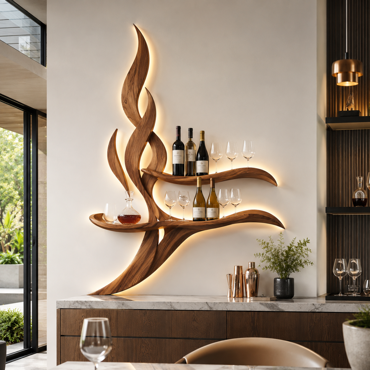 Solid Wood Wall Wine Rack with Glass Holder - Cellular - main view