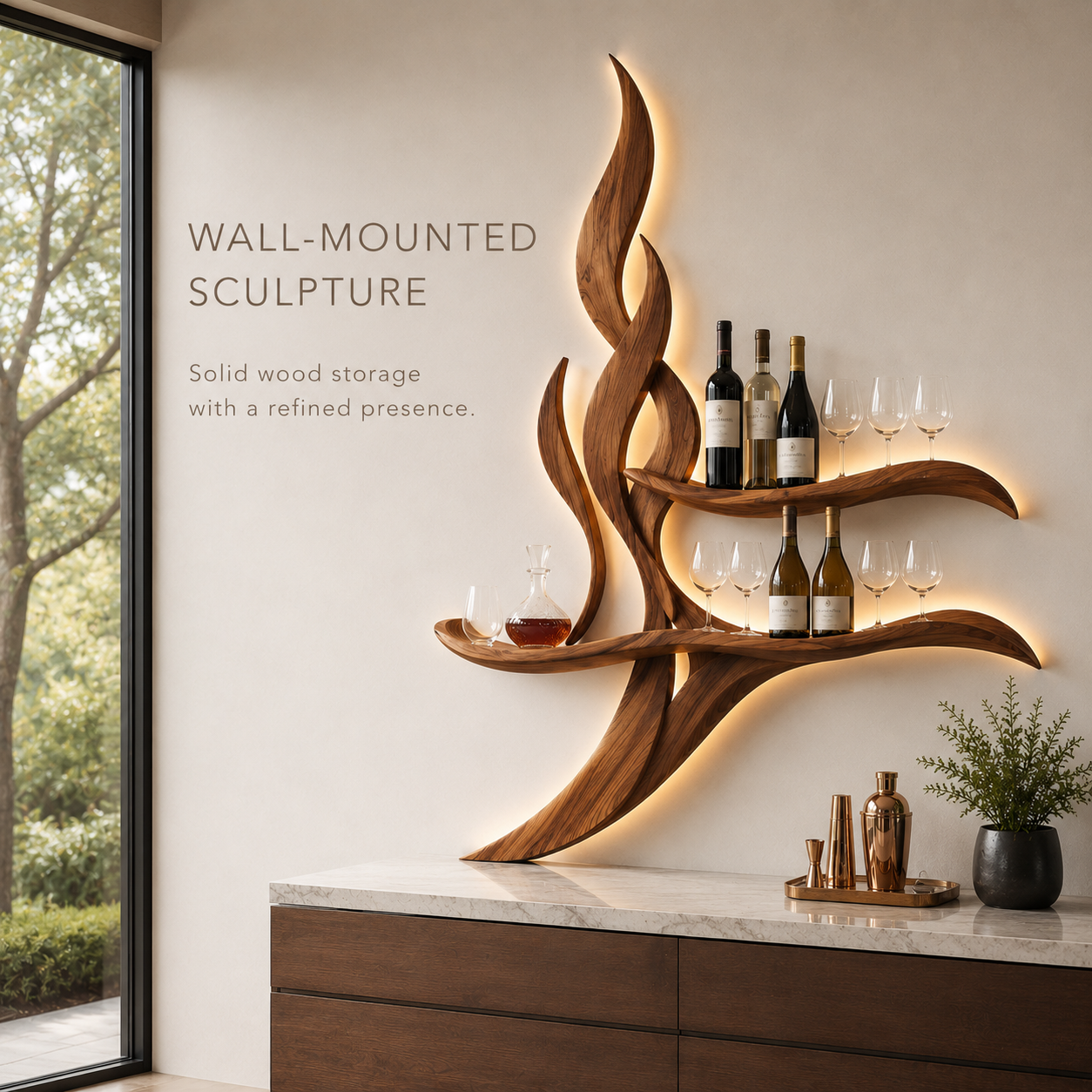 Solid Wood Wall Wine Rack with Glass Holder - Cellular - product image 03