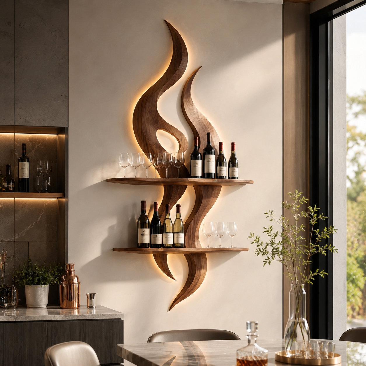 Solid Wood Wall Wine Rack with Glass Holder - Branch Form - main view