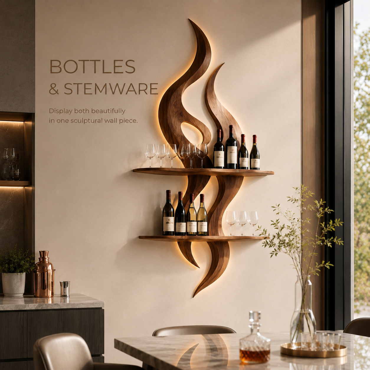 Solid Wood Wall Wine Rack with Glass Holder - Branch Form - product image 07