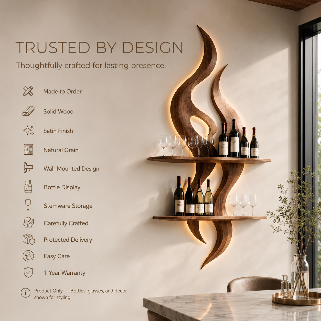Solid Wood Wall Wine Rack with Glass Holder - Branch Form - product image 09