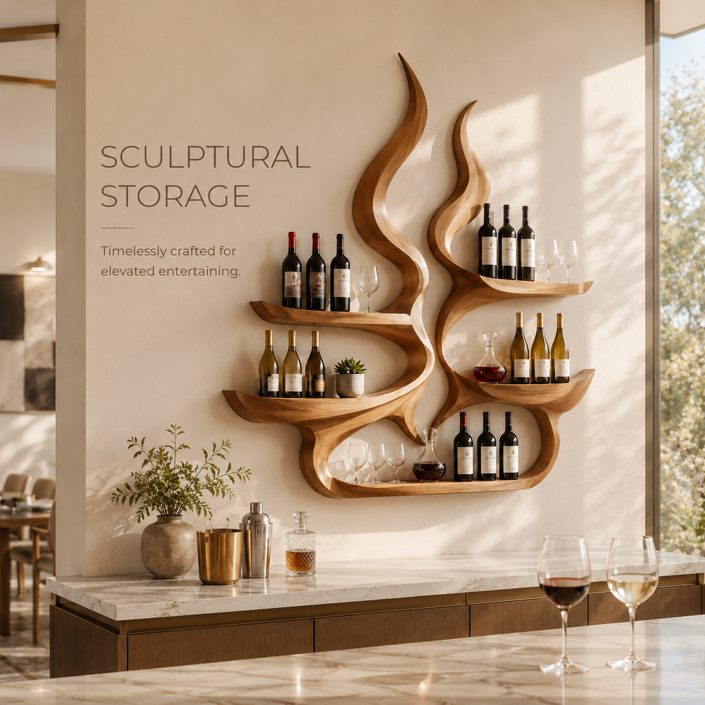 Solid Wood Wall Wine Rack with Glass Holder - Arched - product image 02